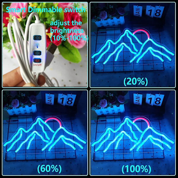 Dimbar Berg Neonljus för Väggdekoration - Soluppgång & Solnedgång Design - 16.9*8 Tum