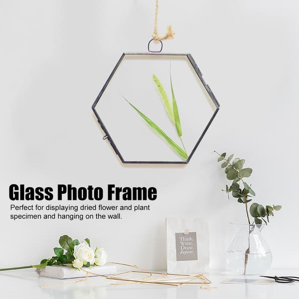 Hängande Geometrisk Hexagonal Glas Bildram Torkad Blomma Växtprov Klämma Display
