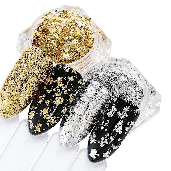Silver och Guld Nagelglitter Nagelfolie Holografiskt Glitter Nagelpulver Kit Nagelkonst Glitter Aluminiumflingor Magisk Spegeleffekt Pulver Paljetter Nagel A