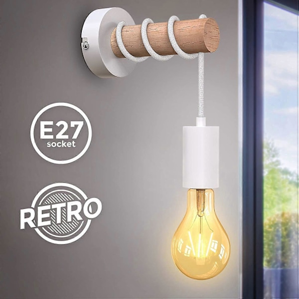 Væglampe, industrielt retro design, træ & metal, stue & soveværelsesbelysning, E27 fatning, til LED pære 10W max, hvid