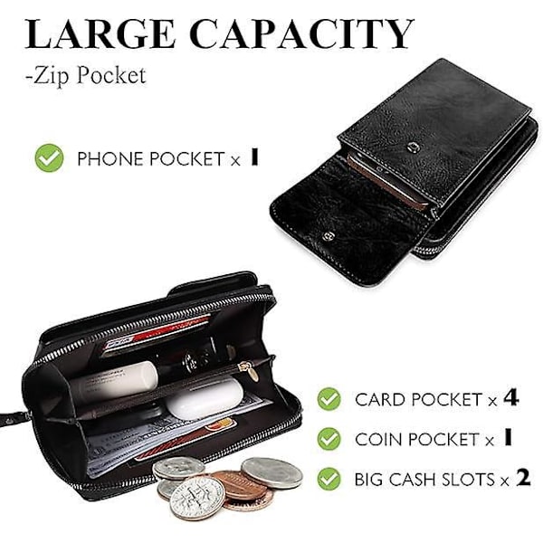 Naisten lompakko-olkalaukku, phone case naisille, sopii jopa 6,8 tuuman älypuhelimiin, pitkä säädettävä ja irrotettava olkahihna