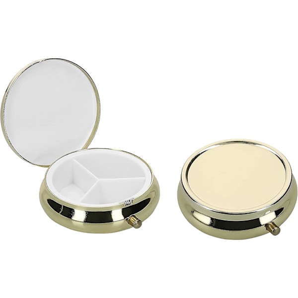 Portable Gold Pill Box - 2x Mini Compartmentalized Pill Box with 3 Compartments for Medicine Office Travel