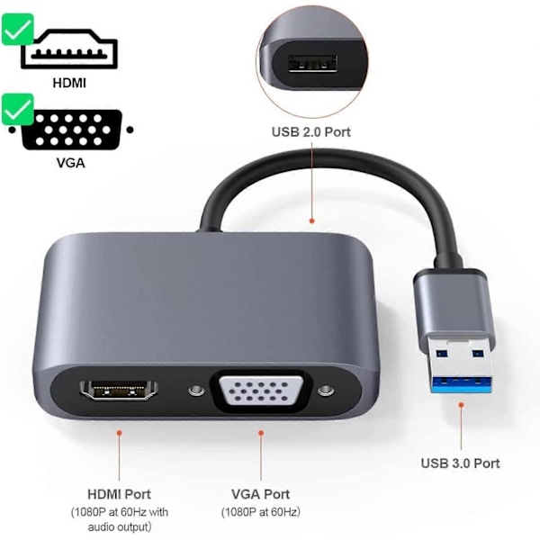 USB 3.0 - HDMI VGA -sovitin, USB - HDMI VGA -sovitin, tukee HDMI VGA:ta, 1080p Sync -ulostulo, yhteensopiva Windows 7/8/8.1/10 kanssa, videoadapteri