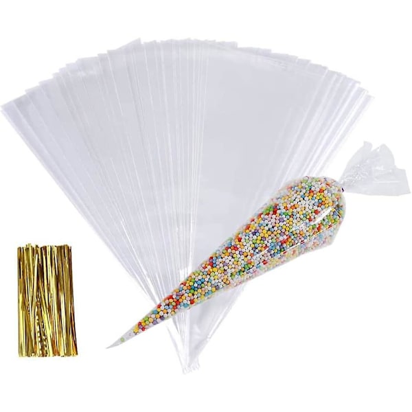 Clear Cone Plastic Candy Bags, 100 Pcs with Twist Ties - Cellophane Wrapping for Candy, Cookies, Party Favors - 16 * 30cm