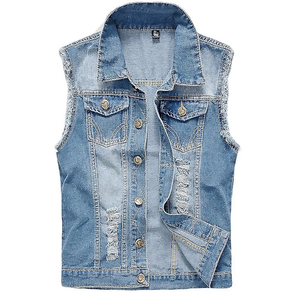 Ærmeløs blå denimjakke til mænd, afslappet stil med revers