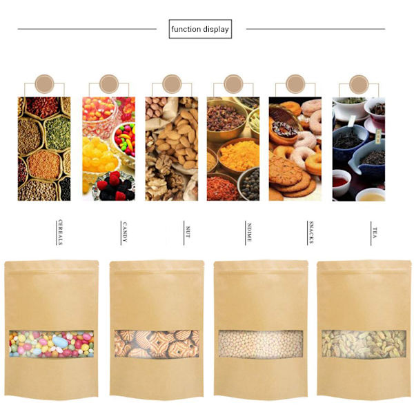 50 stk. Stand Up Pouch Bags Kraft Pouches med Tear Notch og Matte Vindue Genlukkelige Zip Lock Fødevareopbevaringsposer