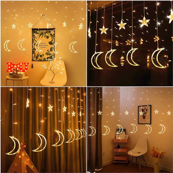LED Star Moon Curtain Light String, 3.5M Fairy Lights with 8 Modes and Memory Function Outdoor/Indoor with Plug
