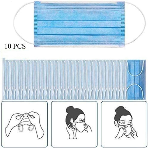 10-pakke med komfortable 3-lags ansigtsmasker til følsom hud, blå