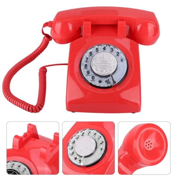 Retro Rotary Dial Telefon Vintage Fasttelefon Bordtelefon (rød)