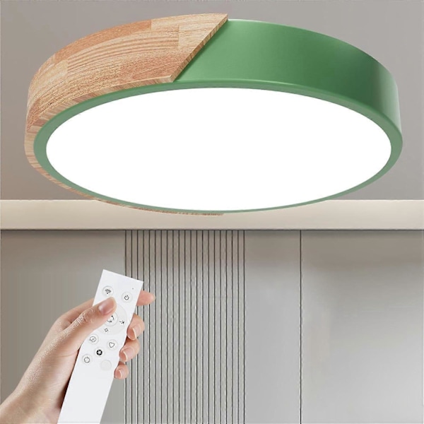 Taklampe i tre, dimbar taklampe 3000K-6000K, fjernkontroll LED taklampe, 18W moderne lampe, 30CM, Grønn