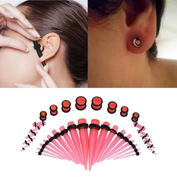 36 stk Fasjonable Akryl Båre Øreplugg Taper Expander O Ring Kit Transparent Rosa