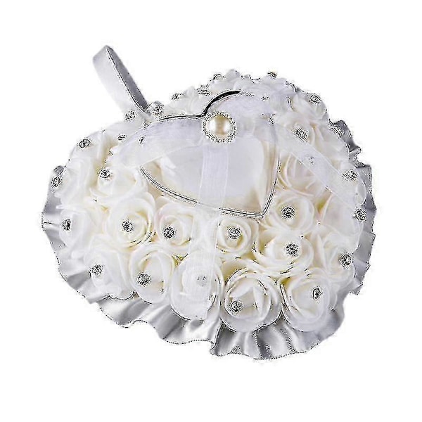 Rosblomma Rhinestone Hjärtformad Satin Rosett Ringbox Kudde Bröllopsgåva-zzy