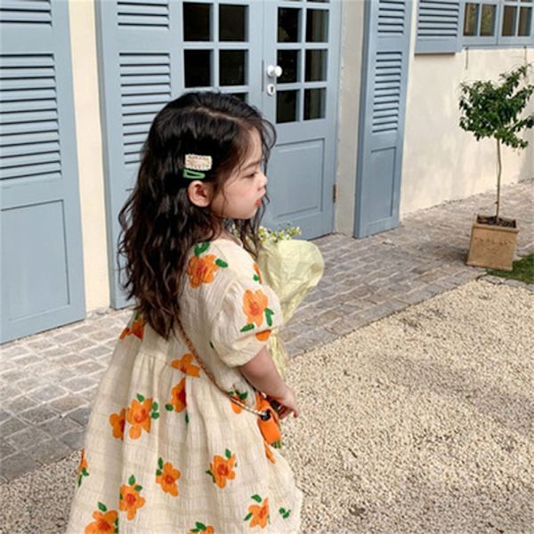 Flickklänning Kort Lykta Ärm Rund Hals Blommig Tryckt Jacquard Sommarklänning för Barn 3 till 8 År Gammal Blomma L 43.31‑45.28in