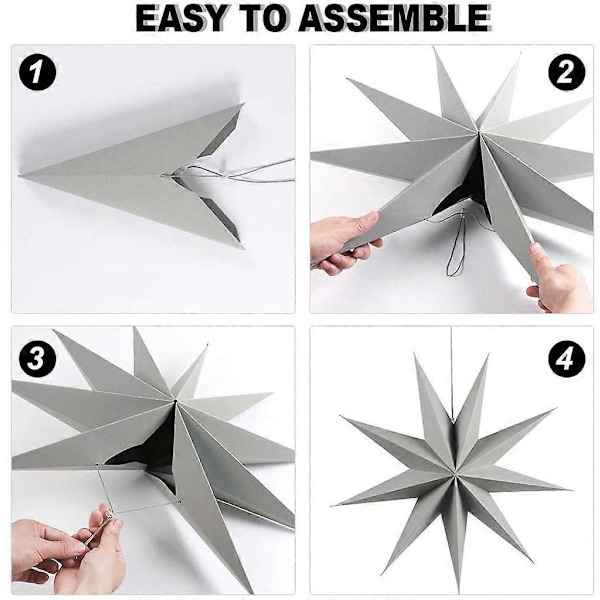 60cm Papirstjerne Dekorationssett med 3 Sammenleggbare Stjerner Nonagon Julestjernedekorasjon (Svart & Hvit & Grå)