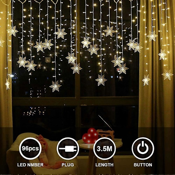Rideau Lumineux Flocon de Neige, 3.5M Ljusslingor 96 LED 8 Ljuslägen, Fönsterdekoration, Jul, Bröllop, Födelsedag, Hem, Uteplats