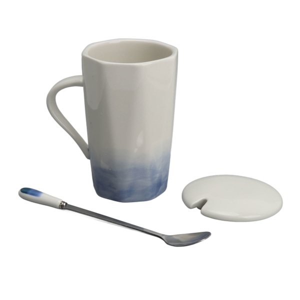 400 ml keramisk krus med blækmalingsstil - kaffekrus i keramik med ske og låg til hjemmet/kontoret - blå