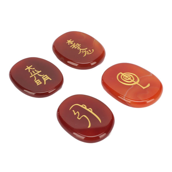 4 stk naturlige runesteiner med graverte Reiki-symboler flate ovale meditasjonsrunesteiner med oppbevaringspose Rød agat