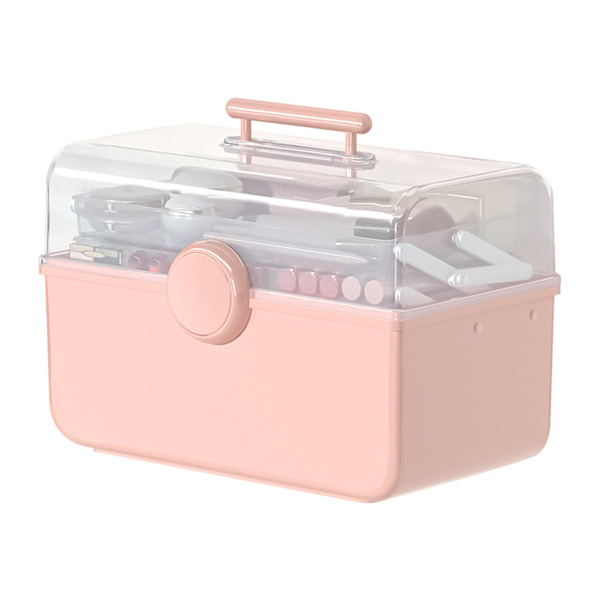 Skrivebords Makeup Box Transparent Plast Støvfri Høj Kapacitet Håndholdt Bærbar Opbevaringsboks L Pink