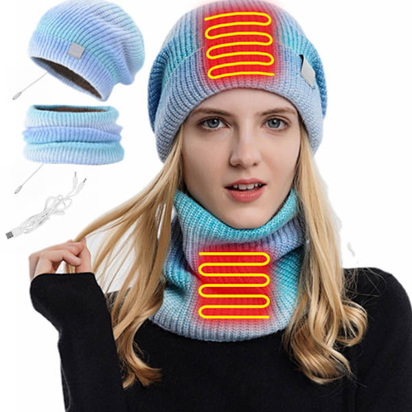 2 st värmehatt halsduk set USB värme vinter tie dye stickad hatt halsduk för män kvinnor utomhus skidåkning cykling löpning