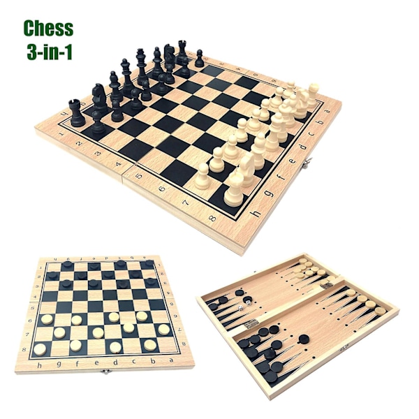 3-i-1 hopfällbart set i trä - Schack-, dam- och bruksspelset (39x39 cm)