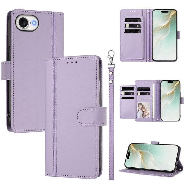 Kompatibel med iPhone 16e / iPhone 17e Etui 9 Kortpladser PU Læder Flip Pung Etui med Håndrem