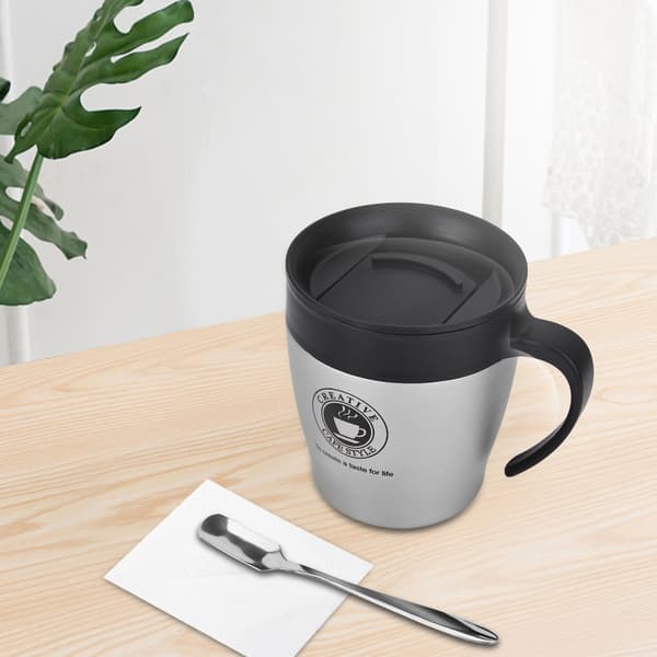 Isoleret kaffekrus i rustfrit stål med ske og låg til kontorrejser (sølv)