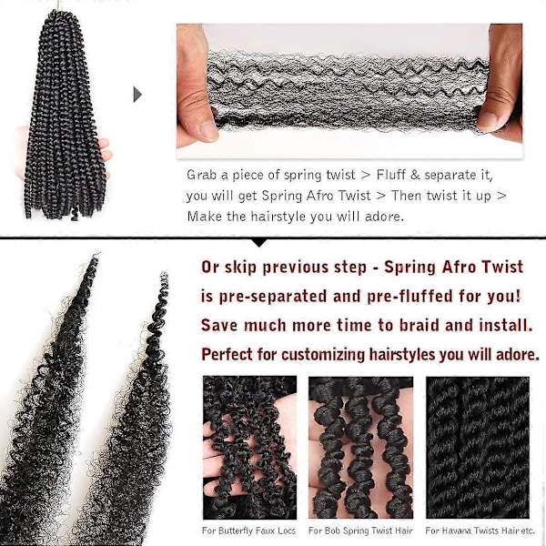 24 tuumaa Pr-spars Springy Afro Twist -hiukset, 8 pakkausta Pr-Fluffed Spring Twist -hiuksia Distressed Soft Locs -kampauksiin, luonnollinen musta Marley Twist -lettikampaus E