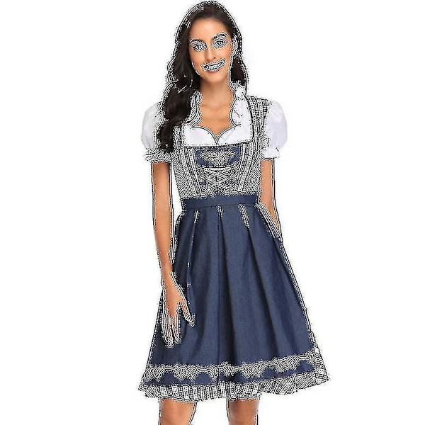 Traditionel tysk ternet Dirndl-kjole - Oktoberfest-kostume til voksne kvinder - Mørkeblå