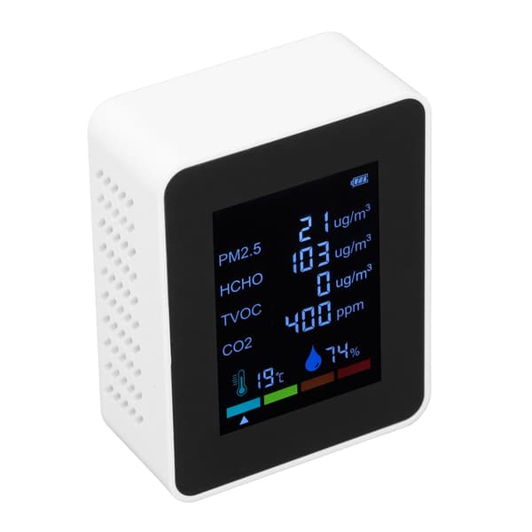 Multifunksjonell 6 i 1 CO2-måler Luftkvalitetsmonitor Temperatur PM2.5 TVOC HCHO Detektor USB-lading Hvit