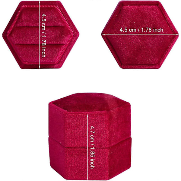 Sammet Ringask, för Smycken Dubbla Fack Hexagon Ringask för Förlovning Bröllop Alla Hjärtans Dag Håller 2 Ringar (Vinröd)