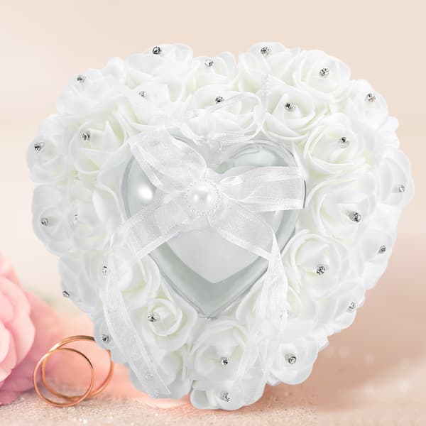 Romantisk hjerteformet gifteringboks Rose Rhinestone dekor ringpute (hvit)