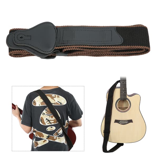Gitarrrem Akustisk Elektrisk Bas Ukulele Bälte Justerbar Breddad PU-läder 3 Plektrum (Brun)