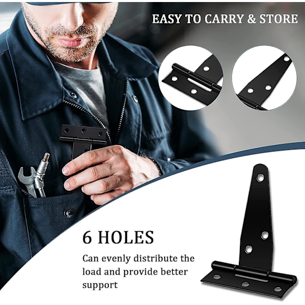 Heavy Duty T-Strap Portlåg Hængsler - Sæt med 4, 3-tommer Sorte Metalhængsler med 24 Skruer til Ladeporte, Porte og Skure
