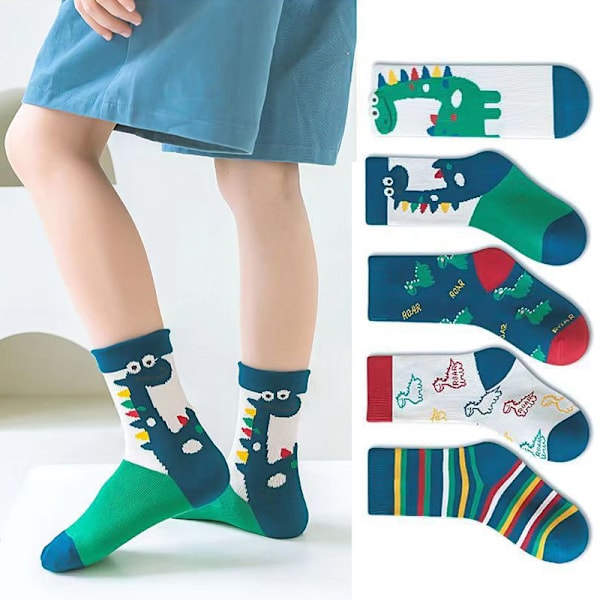 5 par barnsockor i midcalf-höjd med söta tecknade dinosauriemönster, accessoarer för 6-8 år gamla