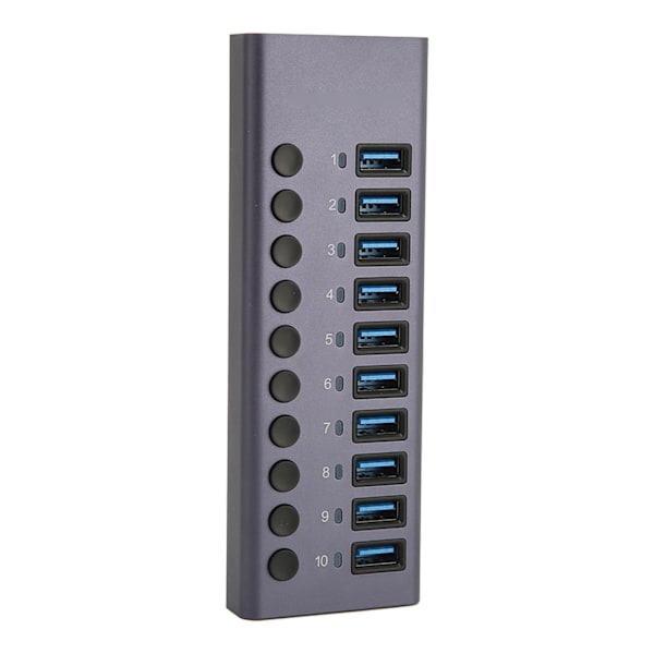 Drevet USB-hub med 10 porter, individuell bryter, aluminiumslegering, 5 Gbps overføring, USB 3.0-hub for PC, bærbar PC, HDD, 100-240 V EU-plugg