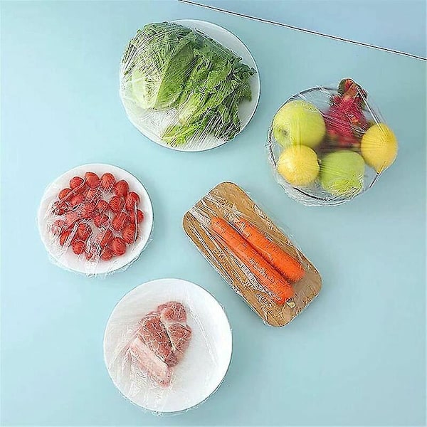 100 stk gjennomsiktige, elastiske matdeksler i plast - Strekkbare og gjenbrukbare matdeksler for å beskytte frukt og grønnsaker