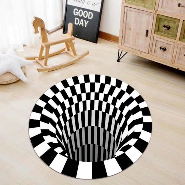 3D Visuell Soverom Teppe Rund Svart Hvit Rutete Tepper Stue Sklisikker Matte Teppe