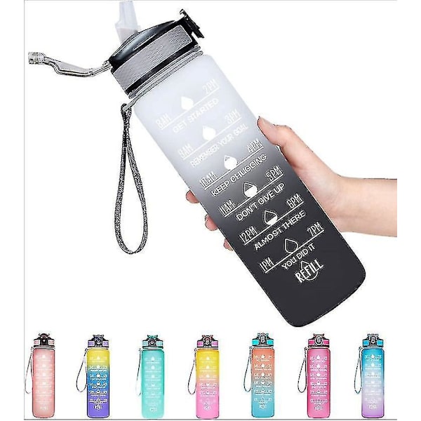 Motiverende sportsvannflaske med tidsskala - 1 liter treningsstudio treningskanne rosa grønn