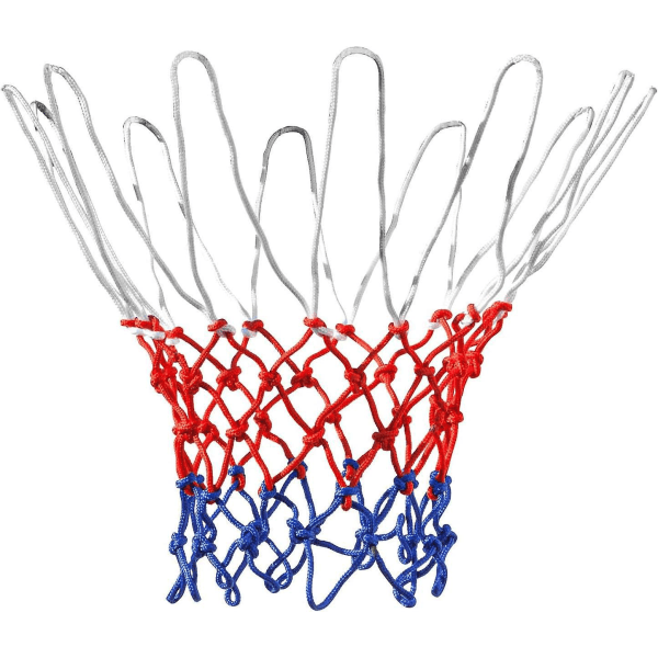 Profesjonelt rødt, hvitt og blått nylonbasketballnett med 12 løkker for innendørs og utendørs bruk - ideell for hjemmesport og treningsutstyr