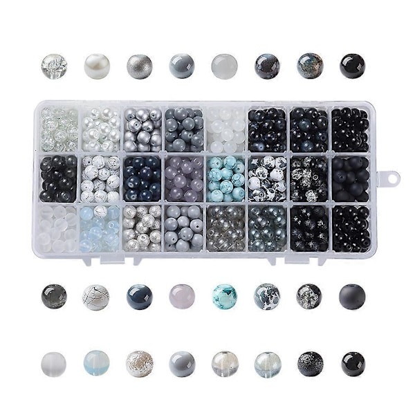 24 Färger 8mm Runda Glaspärlor, 720st Svarta Vita Armbandspärlor Bulk Marmor Lösa Pärlor Distanser för Armband Örhänge Halsband Smyckestillverkning Hallowe
