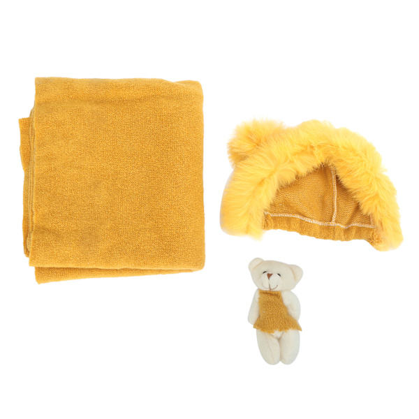 Baby Fotografering Rekvisita Outfit Söt Hudvänlig Nyfödd Spädbarn Wraps Hat Bear ToyGul Hat + Wrap + Dock