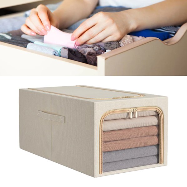 Klesoppbevaringspose 50L Klesoppbevaringsboks Soverom Oppbevaringsboks med Metallram Håndtak 47x35x30cm Beige