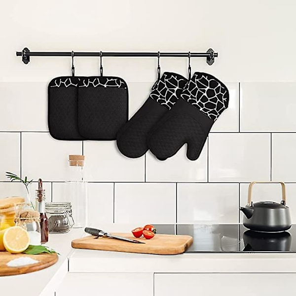 4 stk Grytekluter og Grillvotter, Grillvottesett 300 Graders Varmebestandig Silikon Grillhanskesett Bomull Grillhanskesett for Matlaging Baking Grilling.