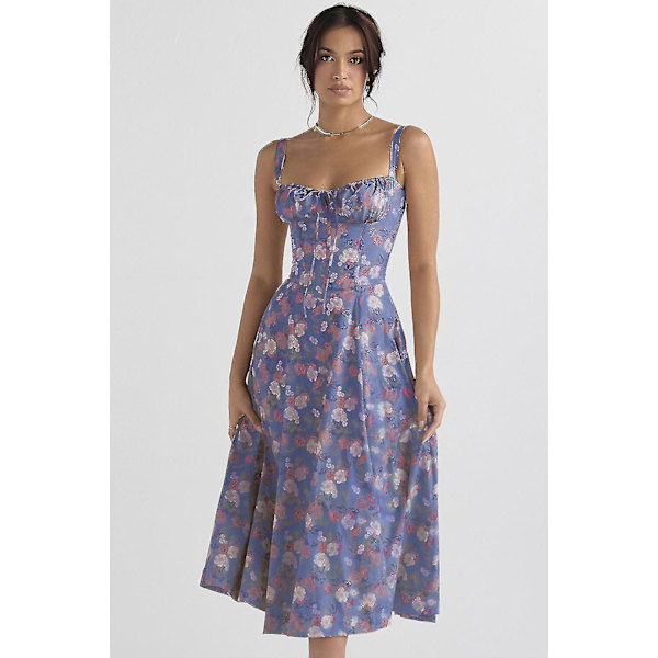 Floral Print Ærmeløs Ruched Bryst Split Lår Boho Midi Kjole M Marineblå og Hvid