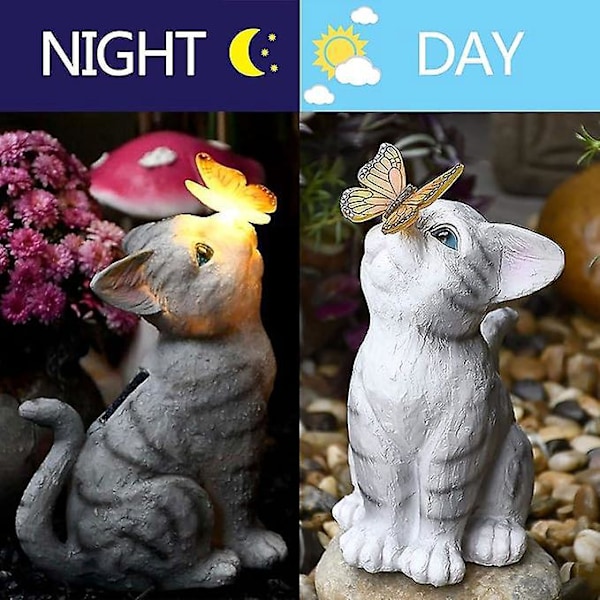 1 stk. Kreativ Have Dekoration Kat-Sommerfugl Udendørs Solcellelampe, Harpiks Ornament, Udendørs Solcellelampe, 13*18*26cm