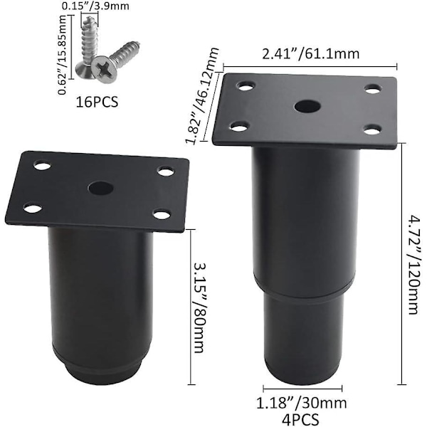 Justerbare møbelben i metall - Ideell for bord, seng, sofa (8-12 cm, svart)