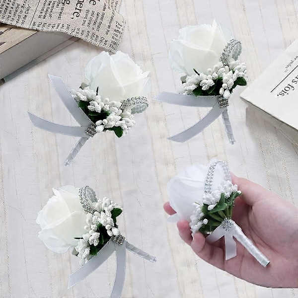 2025 Lämplig 4st Bröllopsboutonniere Vit Ros, Ros Boutonniere Handgjord Bröllopsarmbandsblomma Corsage