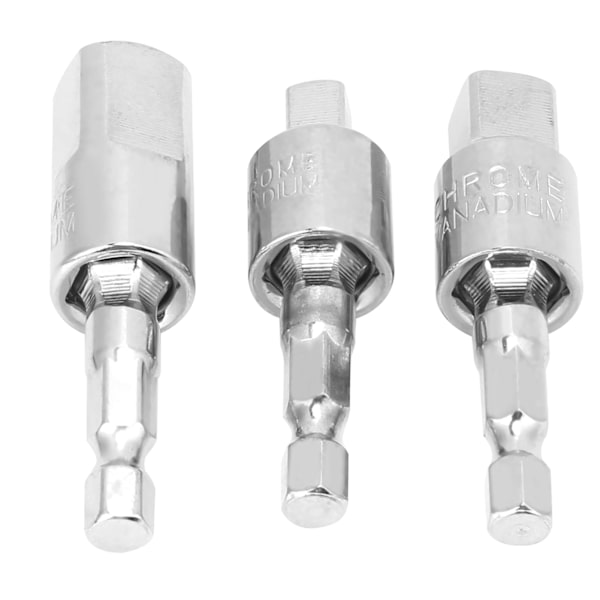 3 stk. Power Drill Socket Set Metall Hex Shank Square Adapter 360 Graders Roterbar Sølv