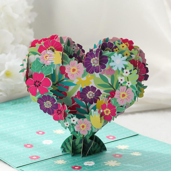 3D pop-up fødselsdagskort med konvolut, hjerte blomsterkransdesign