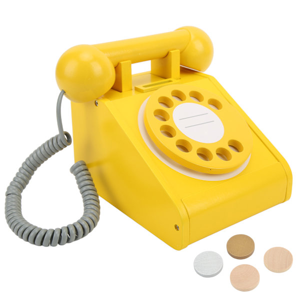 Simuleringstelefon för barn Rosa gammaldags vridbar urtavla telefon Retrodesign Träsimulering Retro urtavla Telefon Gul